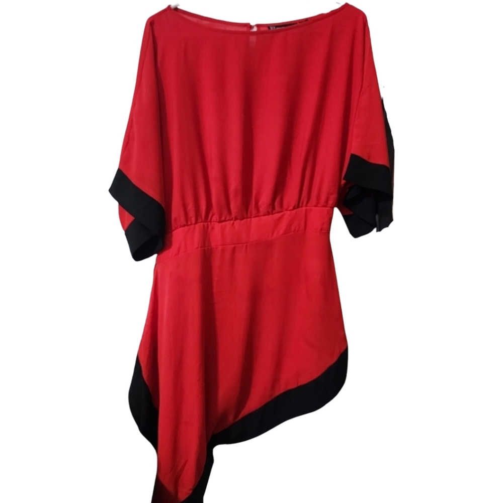 New York & Company Asymmetric Peplum Red Top With Black Hem| Size M